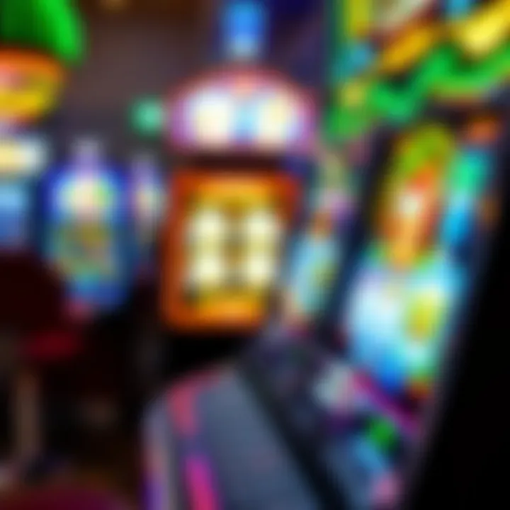 Close-up of a themed slot machine with bright graphics