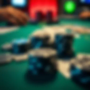 A close-up of poker chips and cards on a table, representing the game's essence