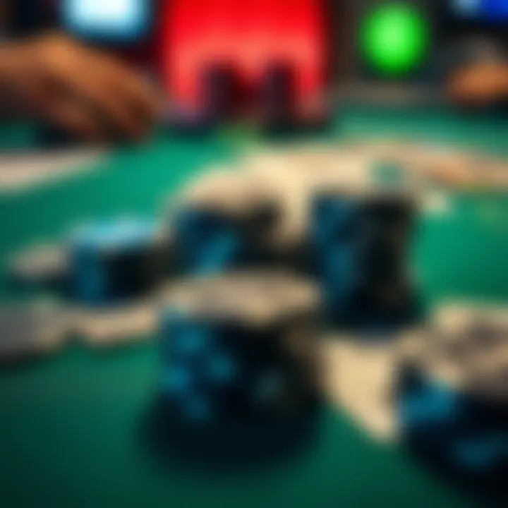 A close-up of poker chips and cards on a table, representing the game's essence
