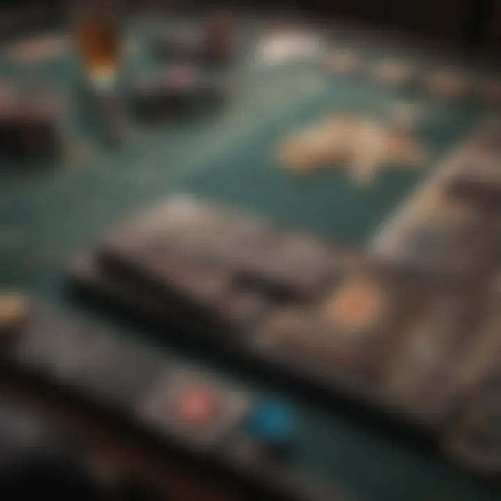 Close-up of a gaming table with chips and cards