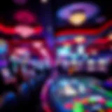 A vibrant view of a party casino bustling with activity and excitement, showcasing patrons enjoying gaming tables.