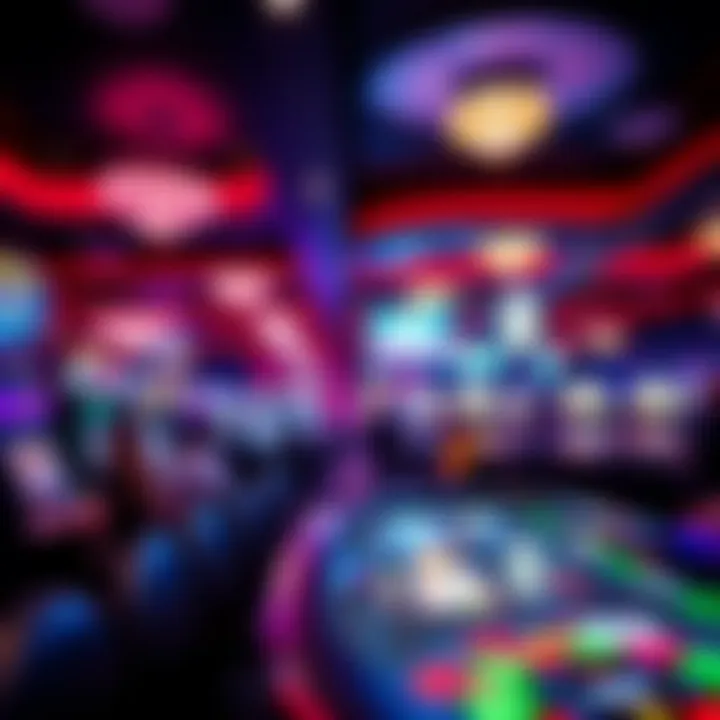 A vibrant view of a party casino bustling with activity and excitement, showcasing patrons enjoying gaming tables.