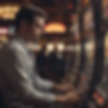 Illustration of a player contemplating strategies while gazing at a slot machine.