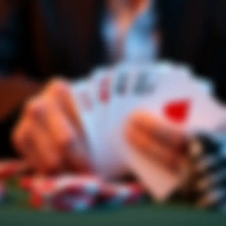 Close-up of poker chips and cards in a player's hand