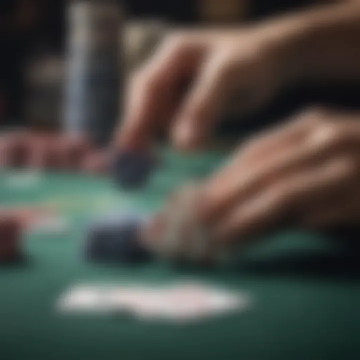 Close-up of poker chips and cards in play