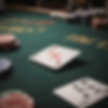 Close-up of cards and chips on a blackjack table