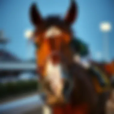A close-up of a thoroughbred horse ready for a race